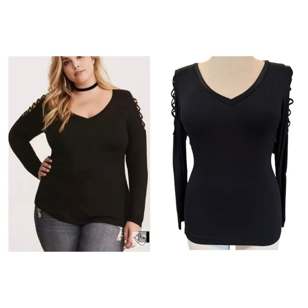Torrid 0 (0X size 12) Super Soft Black Strappy Lattice Sleeve T Shirt Top New